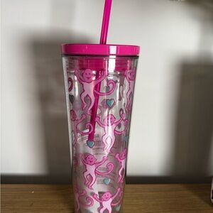Roller Rabbit / Starbucks tumbler. Pink Monkey with Straw